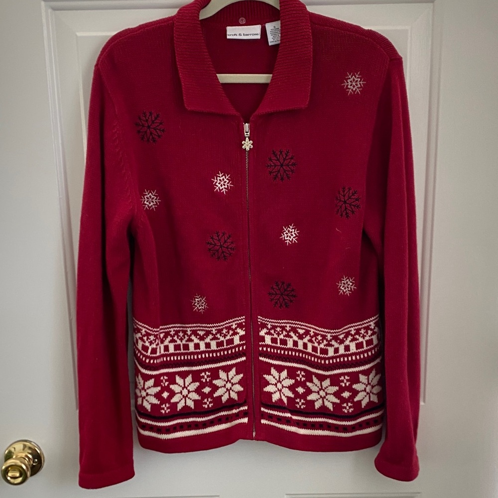 Vintage Croft & Barrow Snowflake Christmas Red Zip Cardigan - Women’s Size Small - Picture 1 of 6